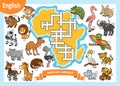 Vector colorful crossword in English, education game for kids. Cartoon animals of Africa