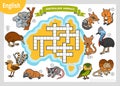 Vector colorful crossword in English, education game for kids. Cartoon animals of Australia Royalty Free Stock Photo