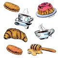 Vector colorful cups of coffee and tea, cookies, croissant and cake. Royalty Free Stock Photo