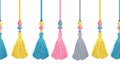 Vector Colorful Decorative Tassels, Beads, And Ropes Horizontal Seamless Repeat Border Pattern. Great for handmade cards