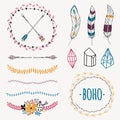 Vector colorful ethnic set with arrows, feathers, crystals Royalty Free Stock Photo