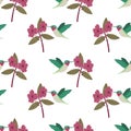 Vector colorful exotic hummingbirds seamless pattern on white background with red flowers