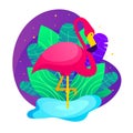 Vector colorful flamingo and tropical leaves.