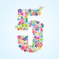 Vector Colorful Floral 5 Number Design isolated on white background. Floral Number Five Typeface