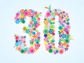 Vector Colorful Floral 30 Number Design isolated on white background. Floral Number Thirty Typeface