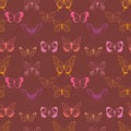 Vector pink, magenta, yellow flying butterflies seamless pattern on maroon background