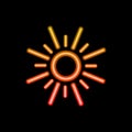 Vector colorful glowing sun icon isolated on black background, neon outline illustration template, simple sign. Royalty Free Stock Photo