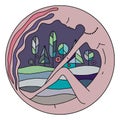 Vector colorful graphic illustration of hand drawn abstract psyhedelic woman in the round frame with forest and fields