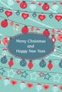Vector colorful greetings cards for Merry Christmas with balls, tree, flower, garlands, text Royalty Free Stock Photo