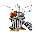 Simple Vector colorful Hand Draw Sketch of dirty stink and nasty trash bin with flies Royalty Free Stock Photo