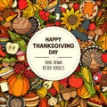 Vector colorful hand drawn banner with Thanksgiving symbols and objects