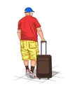 Vector colorful illustration of an adult european man walking with a luggage.