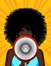 Vector colorful illustration of an african american girl with a loudspeaker in her hand.