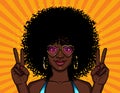 Vector colorful illustration of african american hippie woman in pink sunglasses over halftone yellow background.