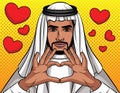 Vector colorful illustration of Arabic man making sign of heart from his hands. Royalty Free Stock Photo