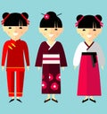 Vector colorful illustration of asian girls in national clothes
