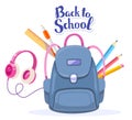 Vector colorful illustration of big blue backpack, pink headphone Royalty Free Stock Photo