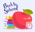 Vector colorful illustration of big red apple, stack of books