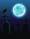 Vector colorful illustration of a cemetery with moonlight over a dark blue sky.