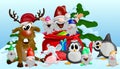 Merry Christmas illustration of Santa with his helpers in vector cartoon style Royalty Free Stock Photo