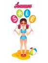 Vector colorful illustration of a cute little girl in swimsuit playing on the beach. Royalty Free Stock Photo