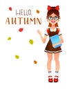 Vector colorful illustration of a cute little girl in uniform ready for school. Royalty Free Stock Photo