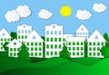 Vector Colorful Illustration of Eco Town, Bright Green Grass and Blue Sky, Paper Background.