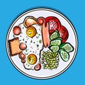 Vector colorful illustration english Breakfast on a plate eggs, sausage, tomato, cucumbers, pea, toast