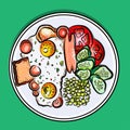 Vector colorful illustration english Breakfast on a plate eggs, sausage, tomato, cucumbers, pea, toast