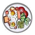 Vector colorful illustration english Breakfast on a plate eggs, sausage, tomato, cucumbers, pea, toast