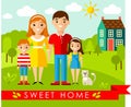 Vector colorful illustration of european family and house in flat style