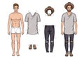 Vector colorful illustration of fashionable men`s outfits isolated from white background. Royalty Free Stock Photo