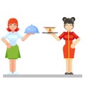 Vector colorful illustration in flat style image of a young waitress restaurant concept Irish and Chinese woman girl with tray