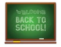 Vector colorful illustration of a green chalkboard with hand drawn inscription welcome back to school.