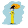 Vector colorful illustration of a japanese geisha, funny girl in maxi dress with umbrella Royalty Free Stock Photo