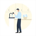 Vector illustration of a man with a cup draws water near the tap in the kitchen. It represents a concept of drinking Royalty Free Stock Photo