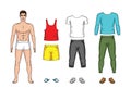 Vector colorful illustration of a man`s paper doll with clothes for spring and summer time isolated from white background. Royalty Free Stock Photo