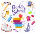 Vector colorful illustration with many school supplies