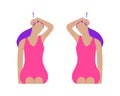Vector colorful illustration. Neck exercises by girl for relax. Put your finger behind the ear and pull the head up.