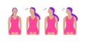 Vector colorful illustration. Neck exercises by girl for relax. Work with head. Turn and fix neck position for 15 seconds.