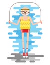 Vector colorful illustration of an old man in glasses and shorts jumping rope.