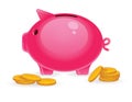 Vector colorful illustration of a piggy bank with a gold coins in front of.