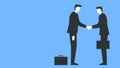 Vector illustration of a two people meeting and shaking hands. Two businessmen in suits and with briefcases handshake on a