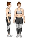 Vector colorful illustration of unhappy young plump woman in sportswear.