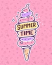 Vector colorful illustration of very high ice cream with inscription on pink pattern background with flower, star, cherry. Summer