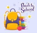 Vector colorful illustration of yellow backpack, pile of books,