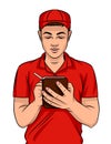 Vector colorful illustration of a young guy in a delivery uniform with a pen and notebook.