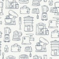 Vector pattern on the theme of kitchen appliances and electronics. Background with ÃÂooking technique on beige color. Line art