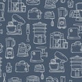 Vector pattern on the theme of kitchen appliances and electronics. Background with ÃÂooking technique on gray color. Line art