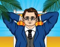 Vector colorful pop art comic style illustration of a businessman relaxing on the beach Royalty Free Stock Photo